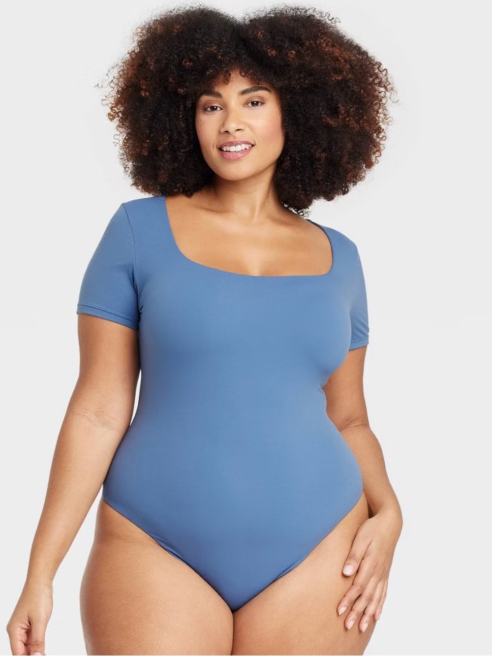 Auden Short Sleeve Square Neck thong bodysuit- Blue